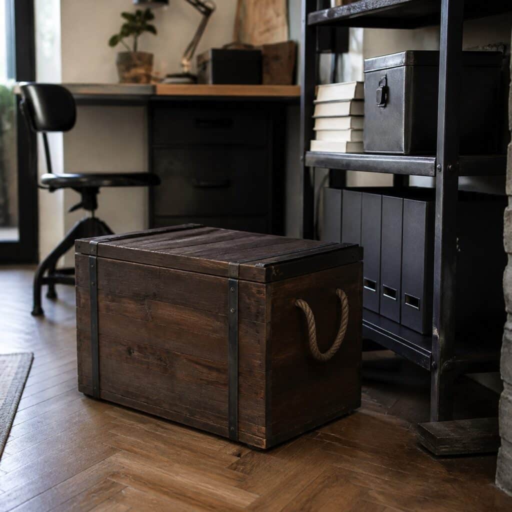 Caisse en bois de style atelier posée dans un bureau industriel