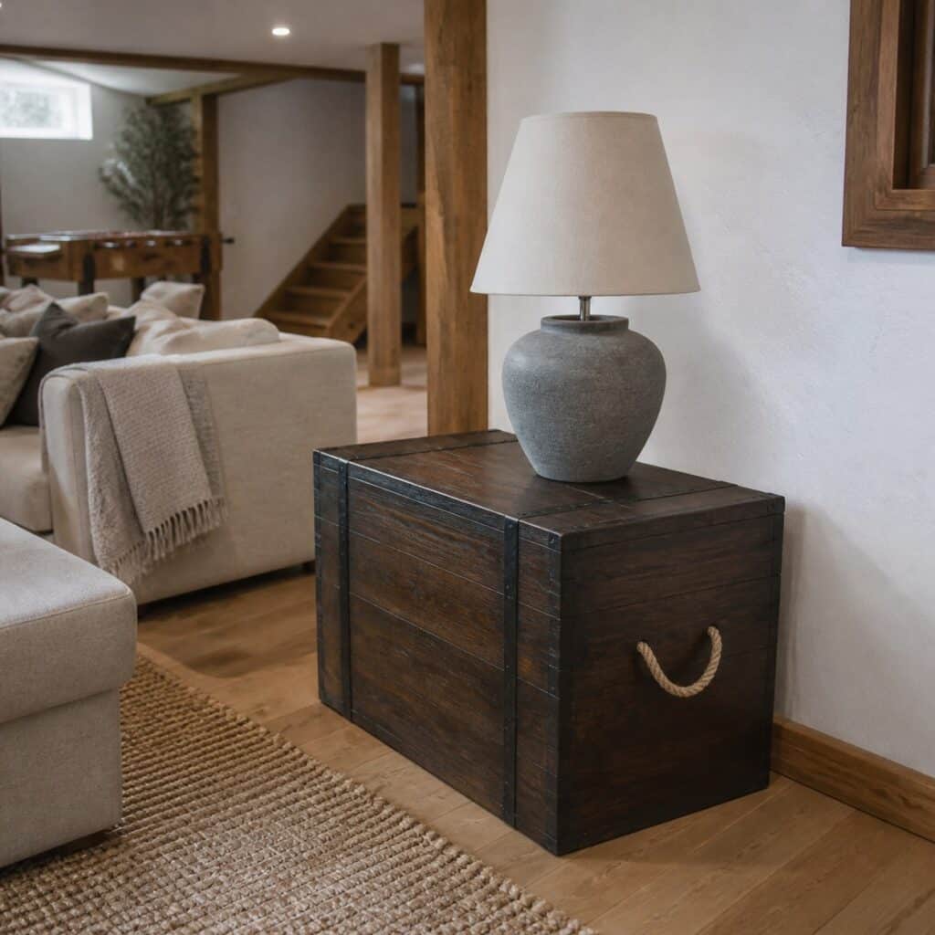 Caisse en bois foncé utilisée comme table d'appoint dans un sous-sol aménagé