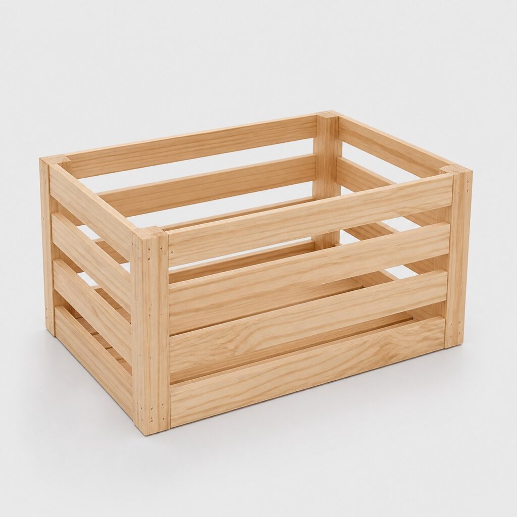 Caisse de rangement en bois brut à claire-voie sur fond gris clair