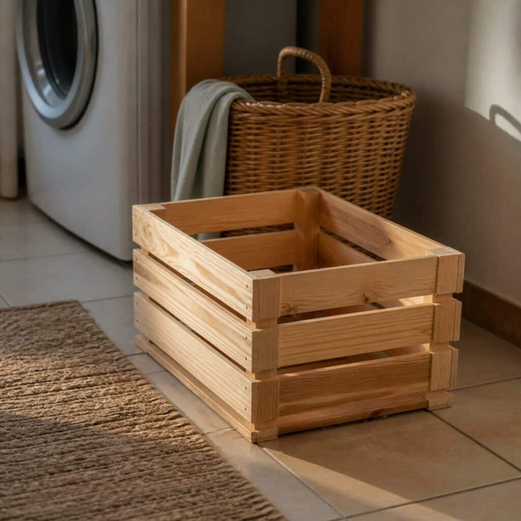 Caisse en bois à claire-voie posée au sol d'une buanderie