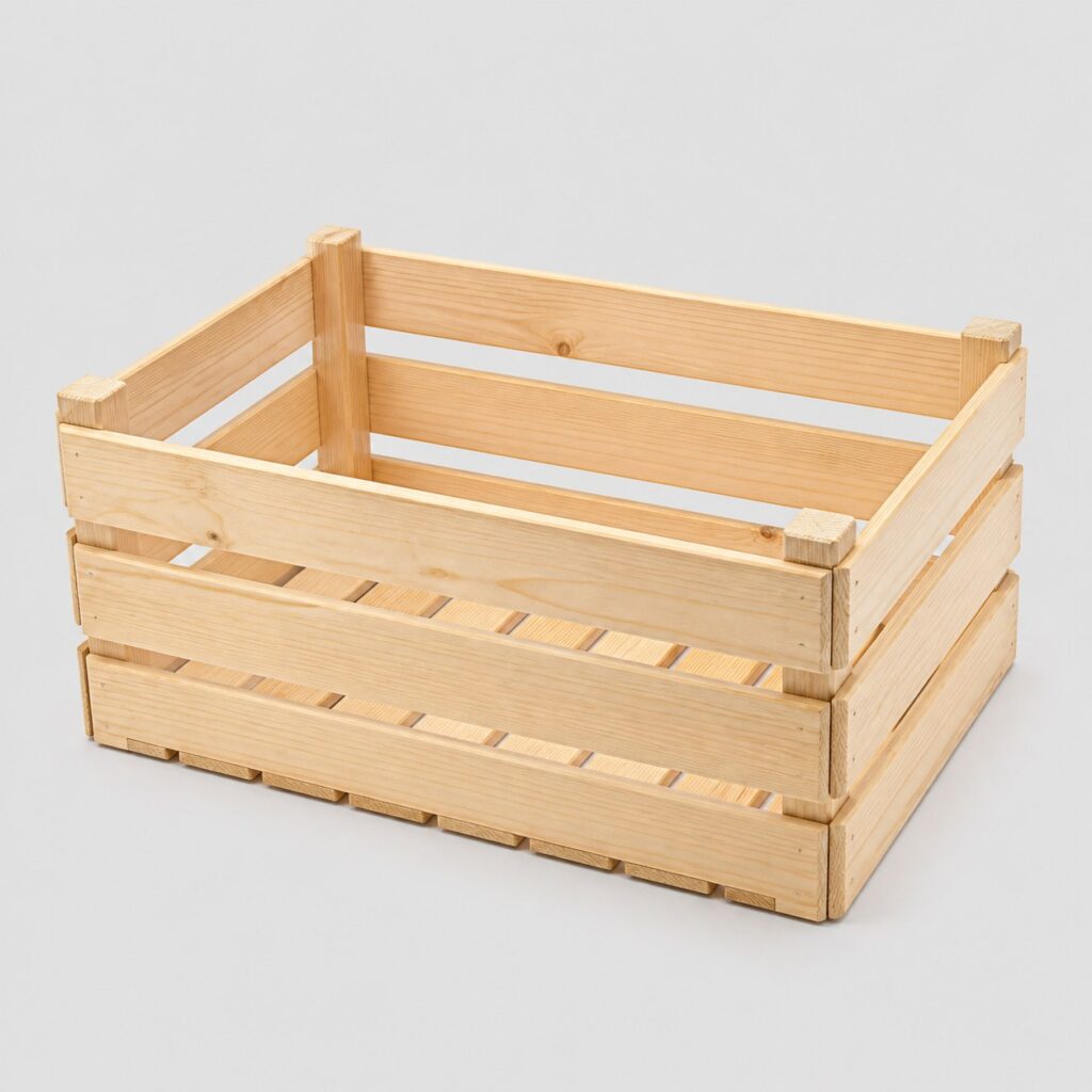 Cageot rectangulaire en bois clair à lattes ajourées sur fond gris clair