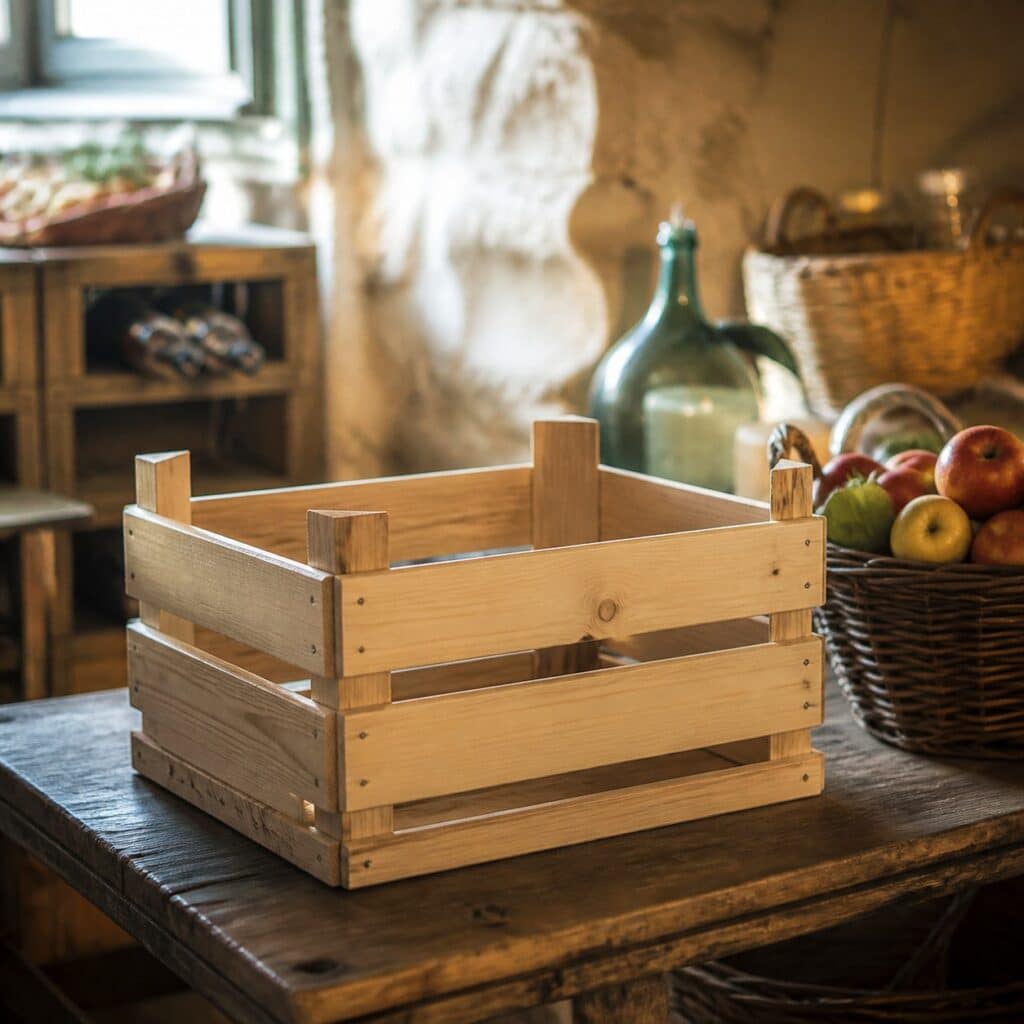 Cageot en bois posé sur une table de cellier près d'un panier de fruits