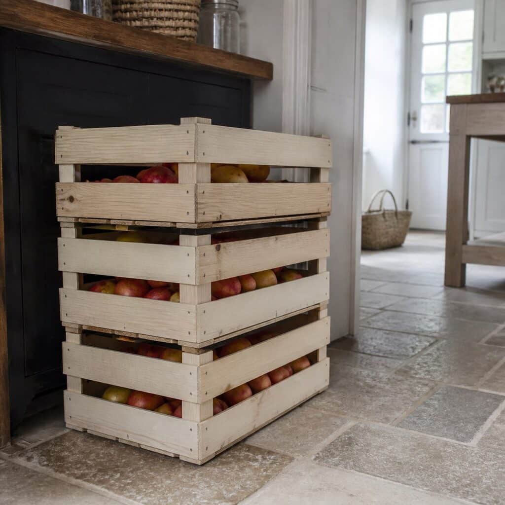 Trois cageots en bois empilés garnis de pommes dans une arrière-cuisine