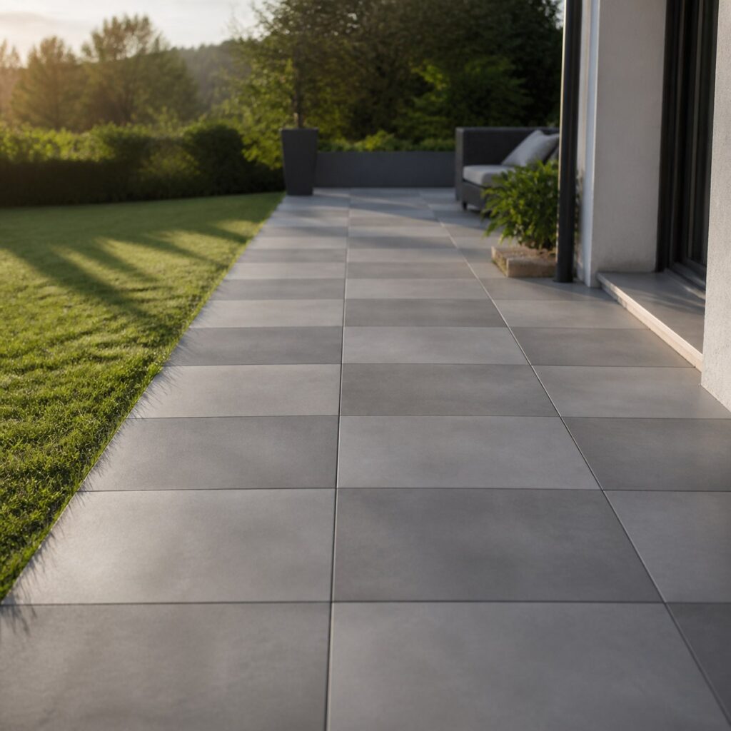 Dalles béton 50x50 posées en damier sur une large terrasse