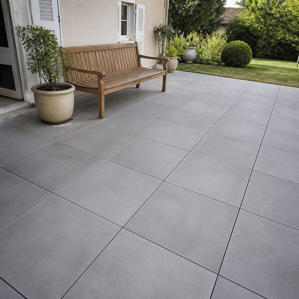 Terrasse en dalles 50x50 avec un banc de jardin pour l'échelle