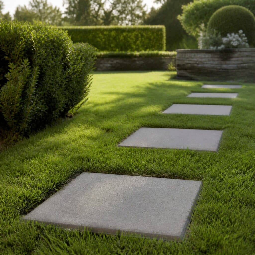Dalles béton 40x40 posées en pas japonais dans une pelouse