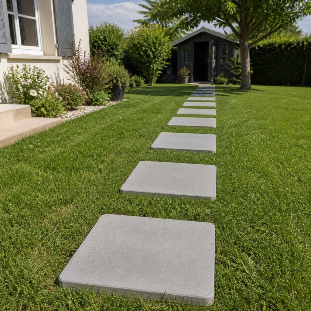 Cheminement de dalles béton traversant une pelouse vers un abri de jardin