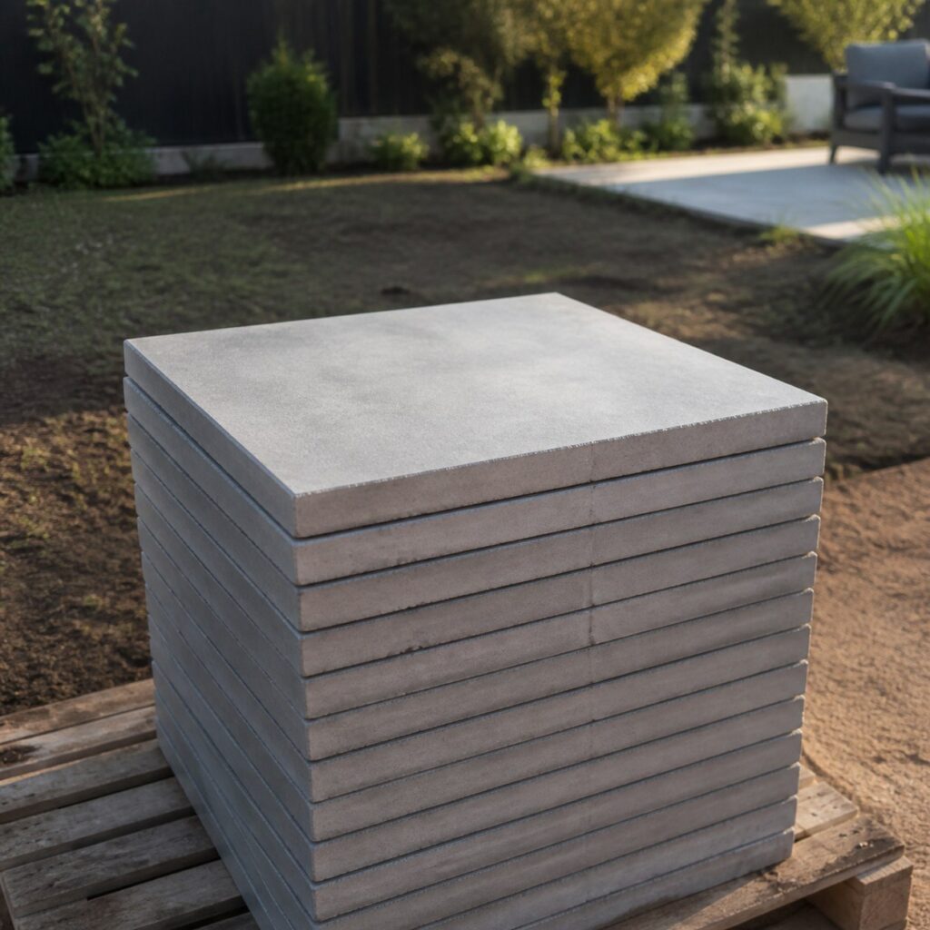Dalles béton empilées sur une palette dans un jardin en aménagement