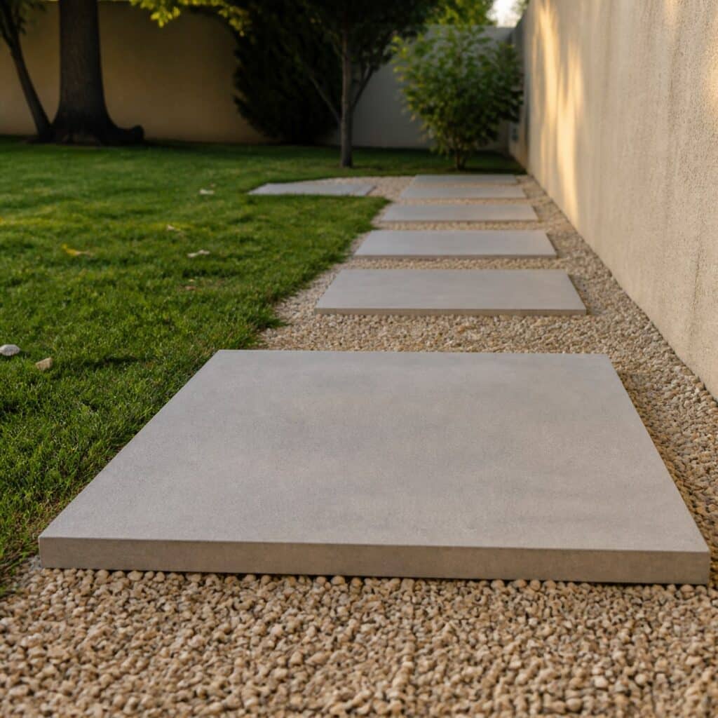 Grande dalle béton posée sur un cheminement bordé de pelouse