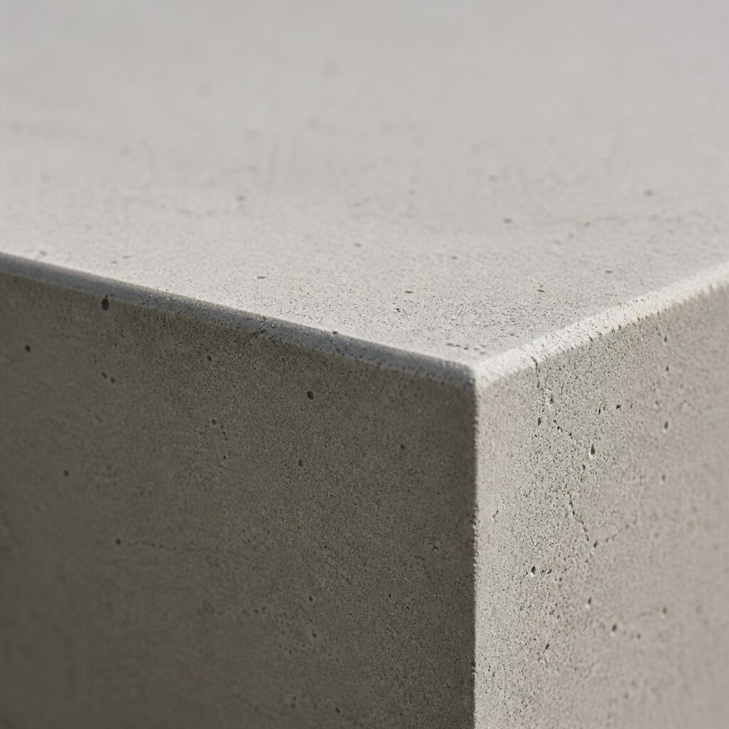 Gros plan sur l'arête droite et le grain lisse d'une grande dalle béton