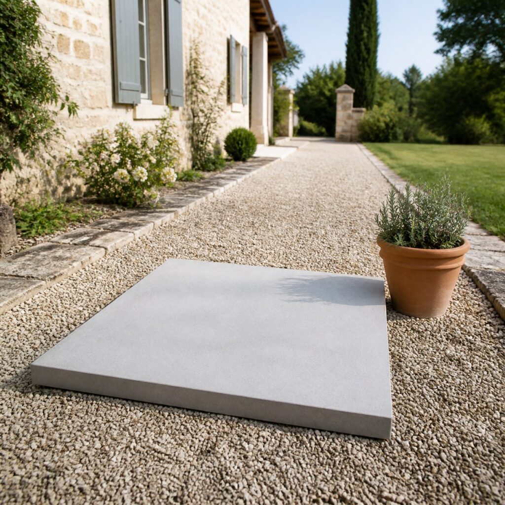 Cheminement en grandes dalles béton avec un pot de jardin pour l'échelle
