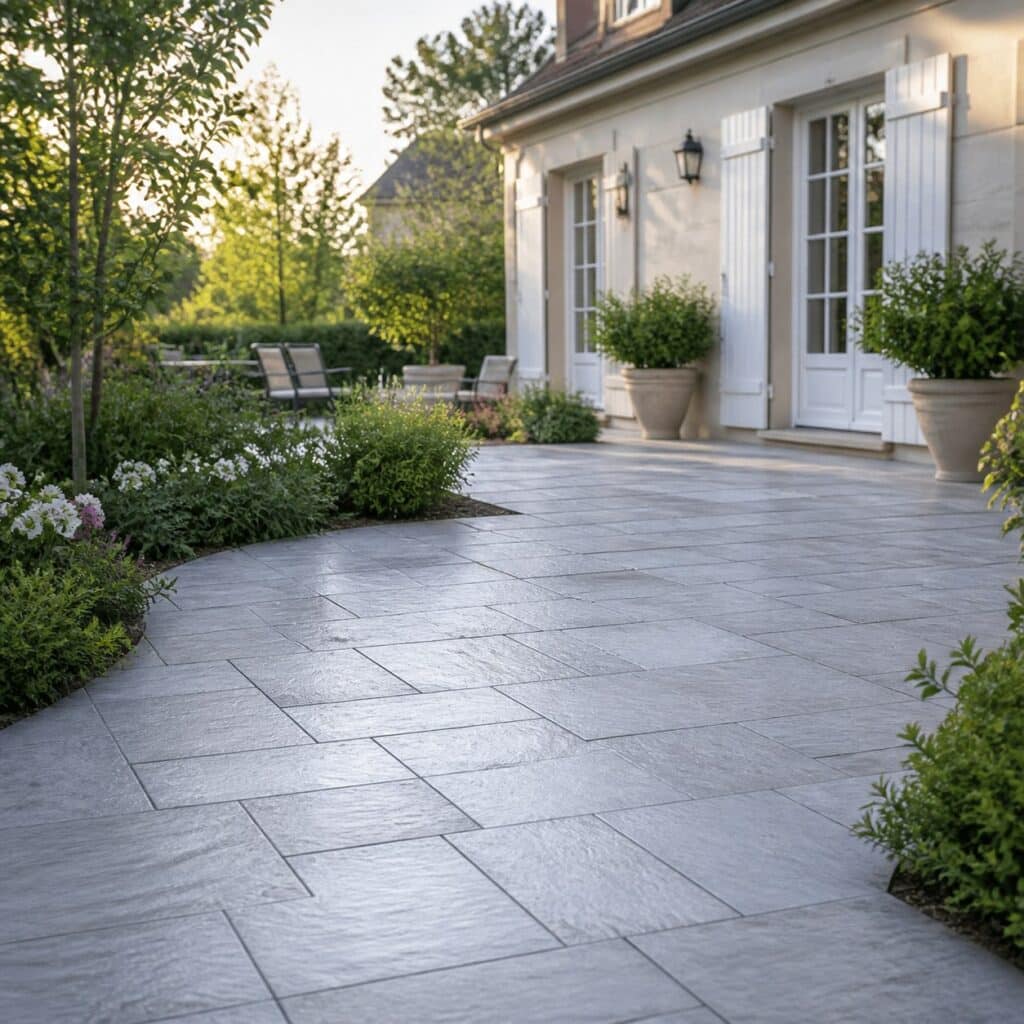 Terrasse en béton imprimé devant une maison bordée de massifs
