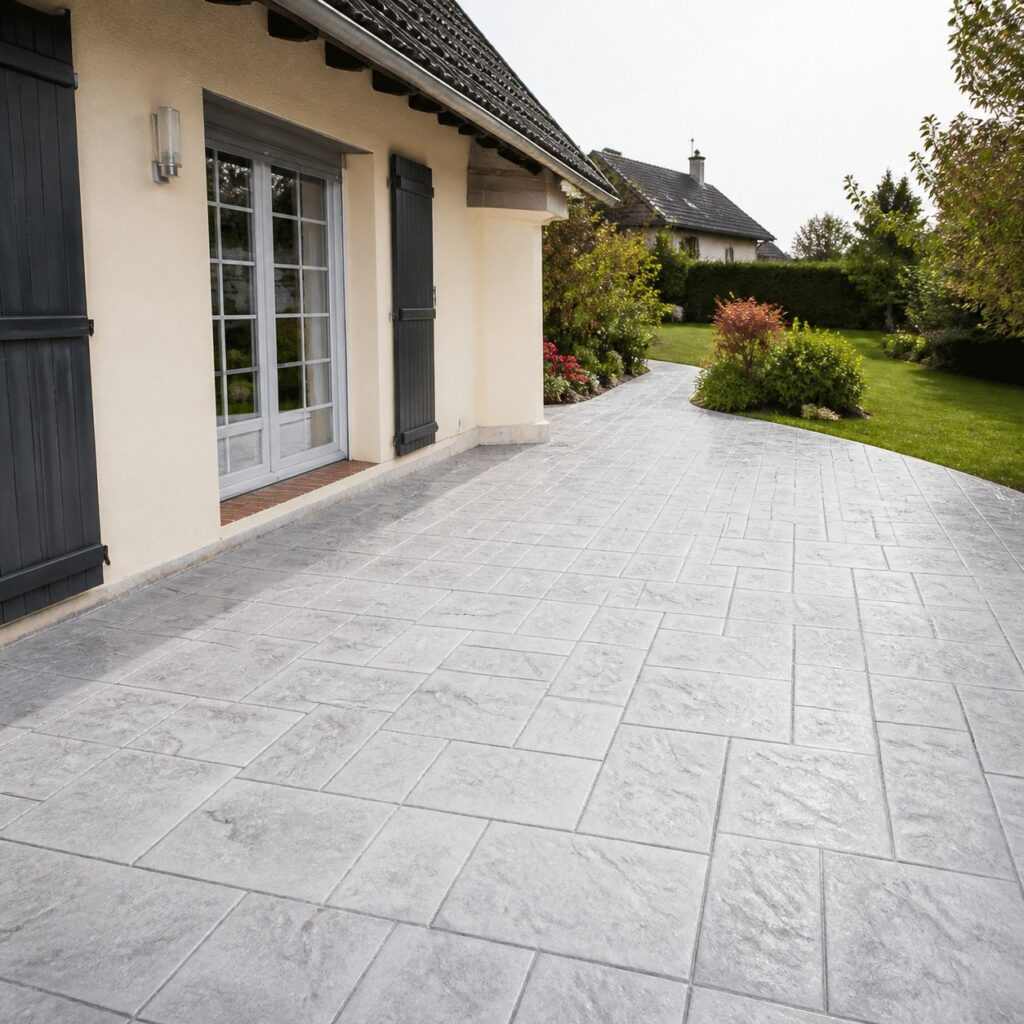 Terrasse en béton imprimé prolongée par une allée de jardin