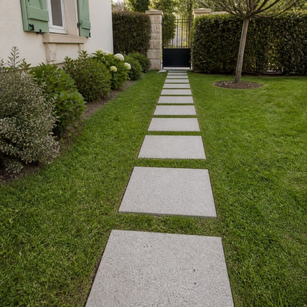 Alignement de dalles béton formant un passage dans la pelouse
