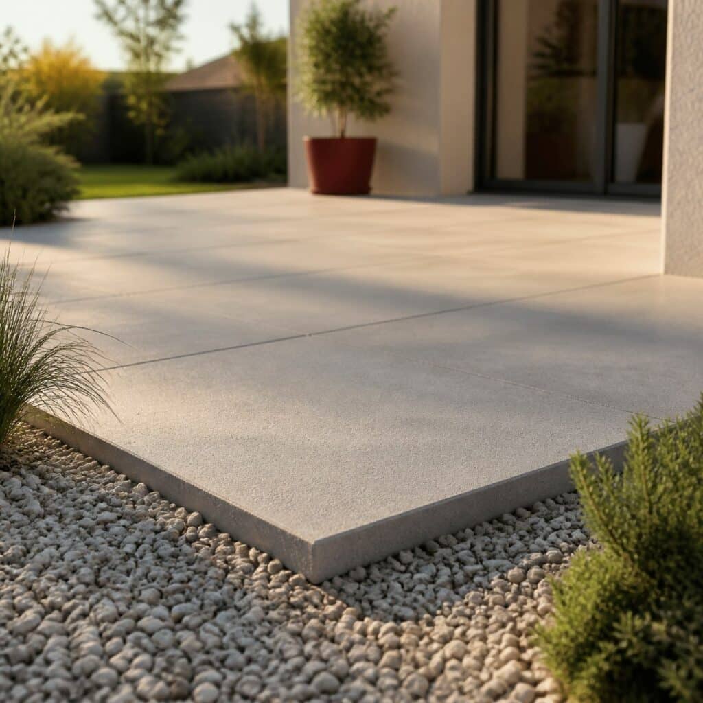Dalles béton posées sur une terrasse de plain-pied bordée de gravier