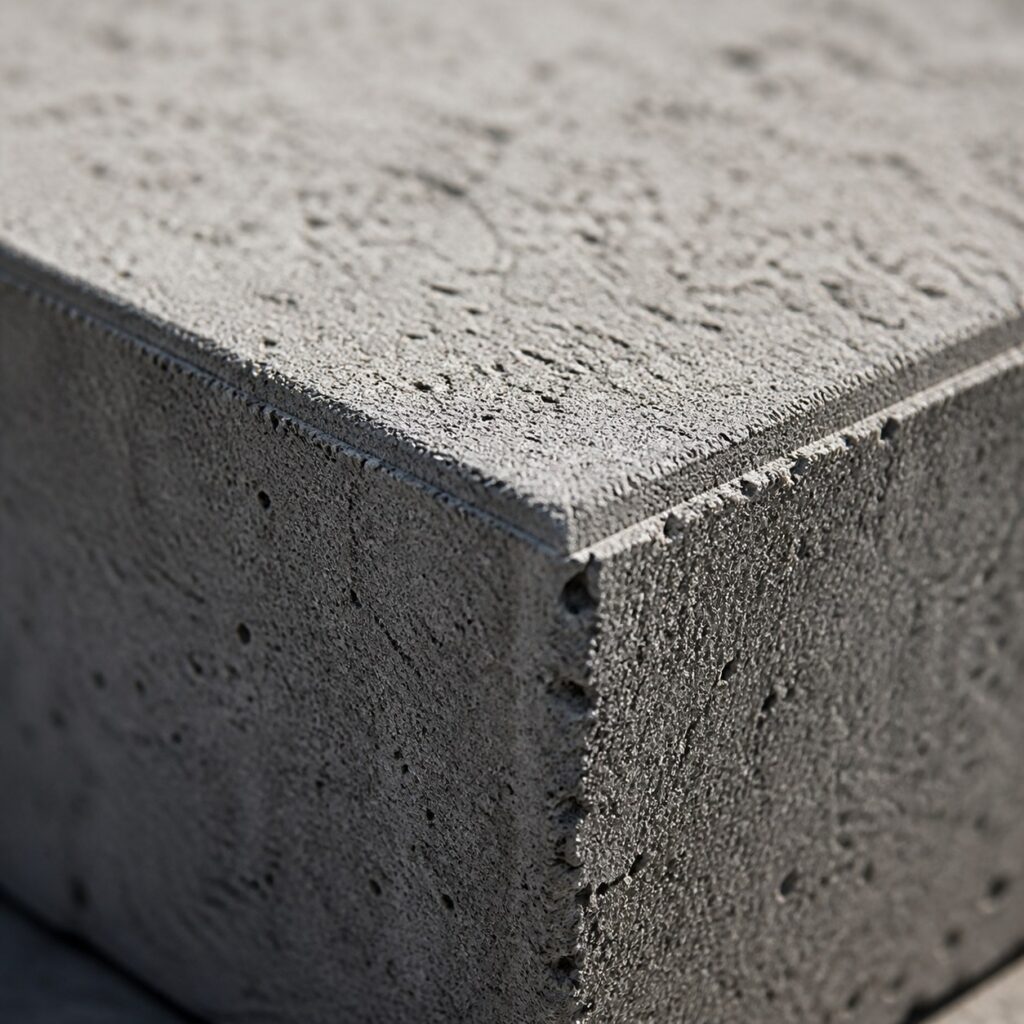 Gros plan sur l'arête et la texture grenue d'une dalle béton