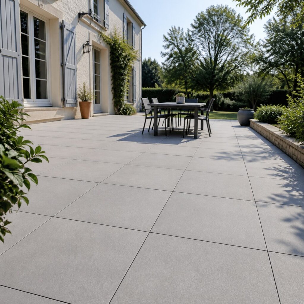 Terrasse calepinée en dalles béton avec table de jardin