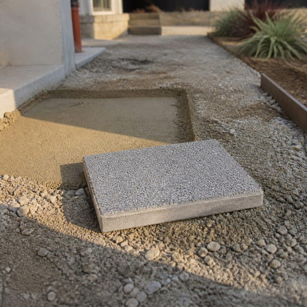 Dalle gravillonnée posée sur un tronçon d'allée en chantier avec lit de sable