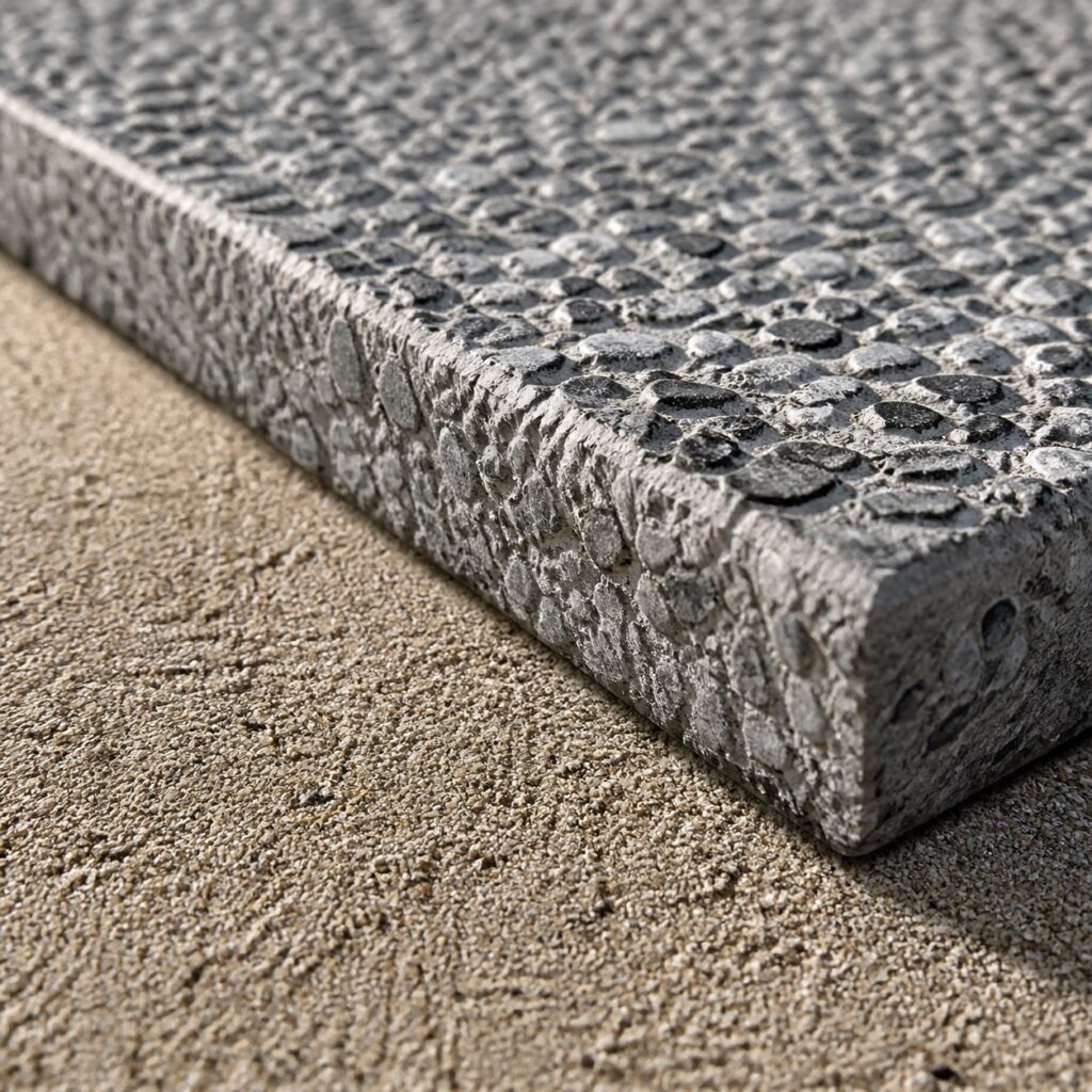 Gros plan sur le chant d'une dalle gravillonnée et le lit de sable arasé
