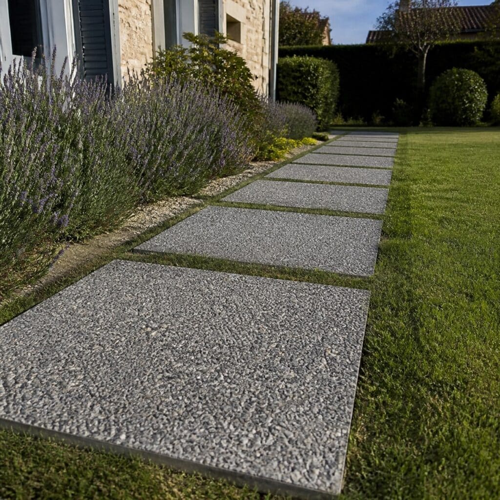 Allée de jardin en dalles gravillonnées réalisée par tronçons le long d'une pelouse
