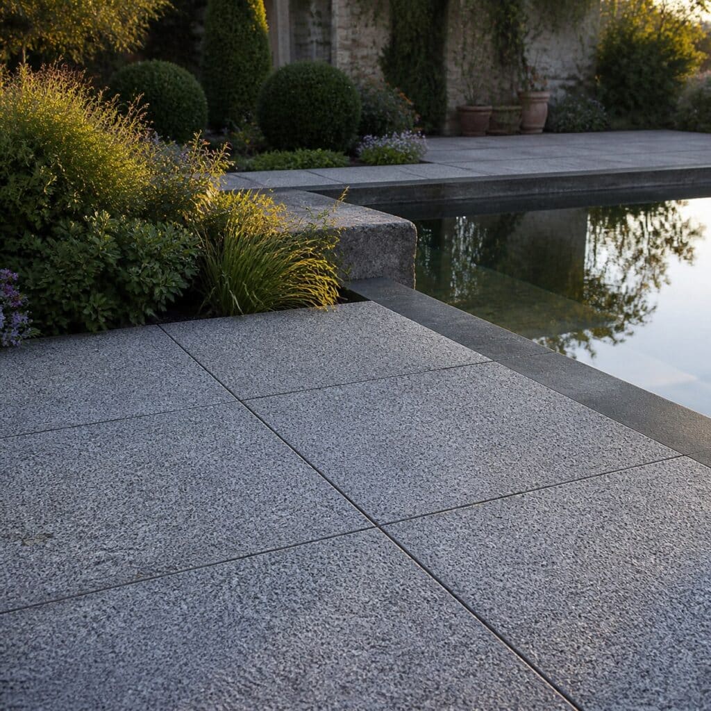 Terrasse en dalles gravillonnées 50x50 au bord d'un bassin de jardin