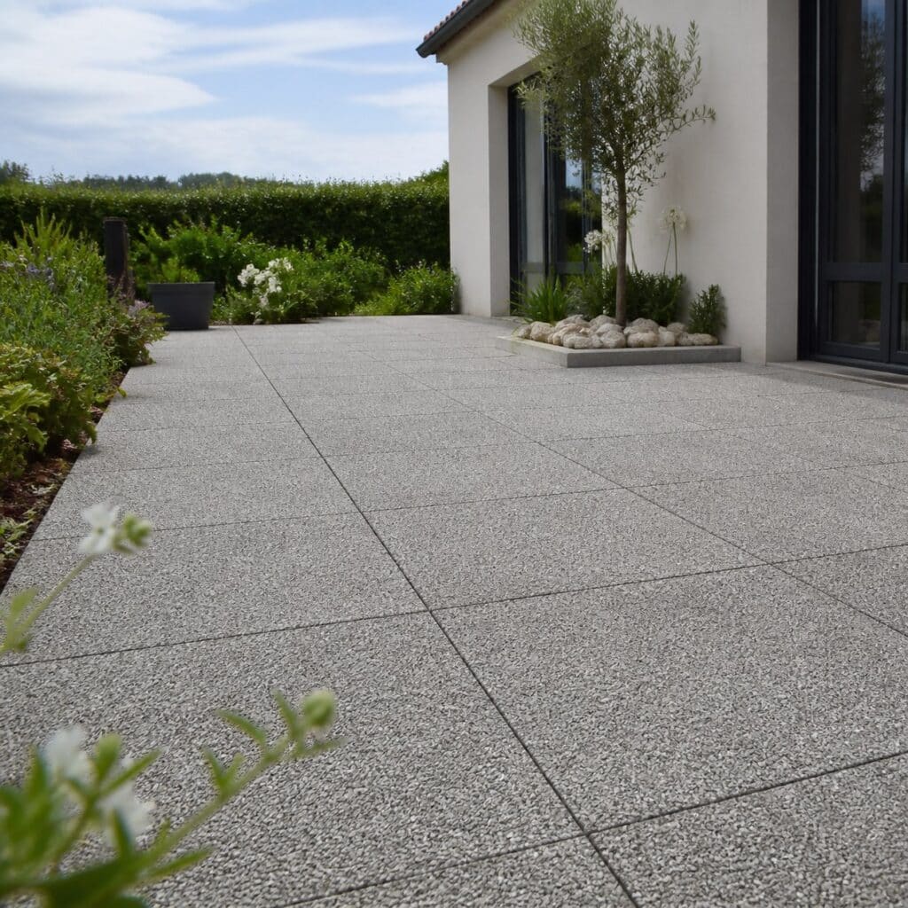 Terrasse achevée en dalles gravillonnées 50x50 vue de trois quarts