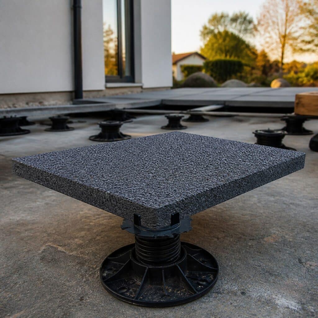 Dalles gravillonnées posées sur plots réglables lors du montage d'une terrasse