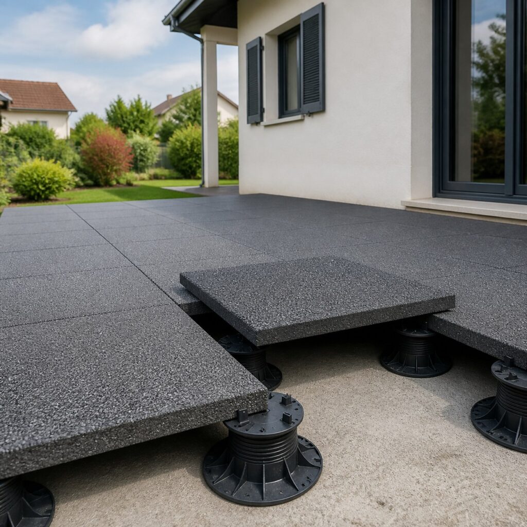 Terrasse sur plots en dalles gravillonnées, partiellement achevée
