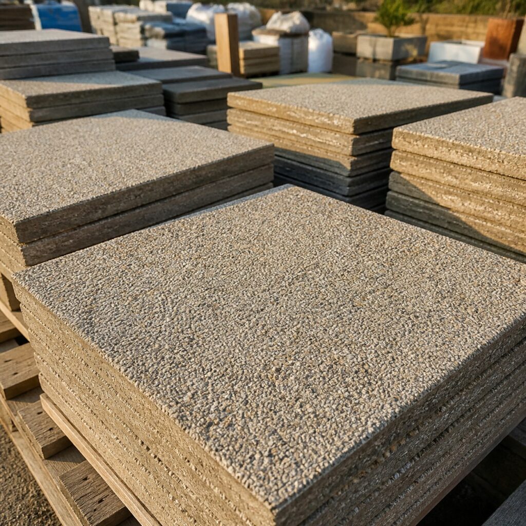 Piles de dalles gravillonnées présentées dans un rayon d'aménagement extérieur