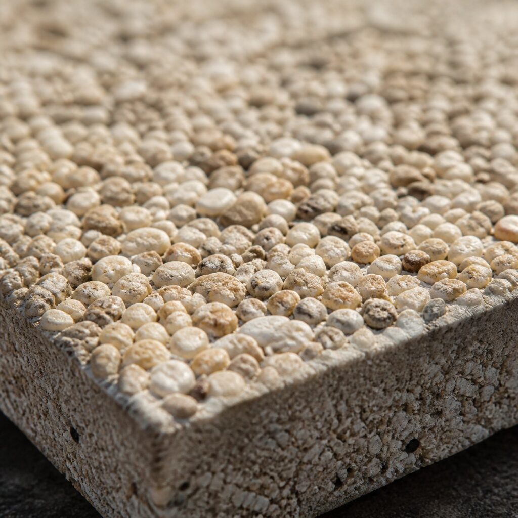 Gros plan sur le grain rugueux des gravillons lavés d'une dalle beige