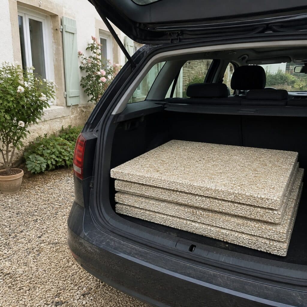 Dalles gravillonnées chargées à plat dans le coffre d'une voiture familiale
