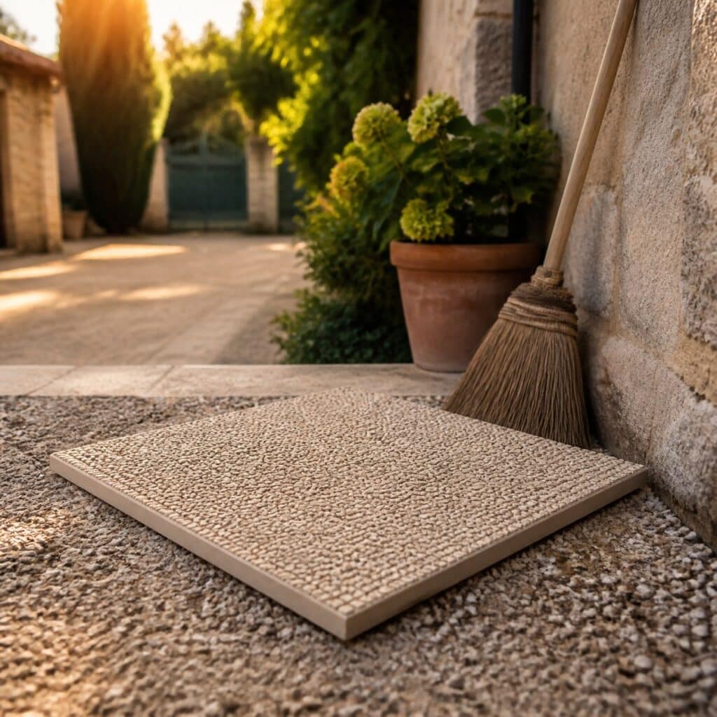 Dalles gravillonnées dans une cour de maison de campagne avec un balai de jardin