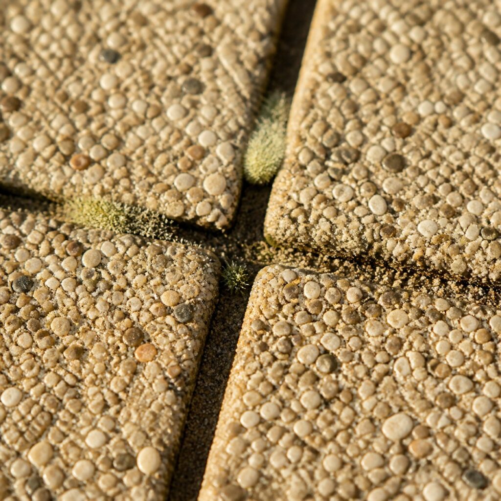 Gros plan sur un joint de sable et une mousse naissante à la jonction de deux dalles