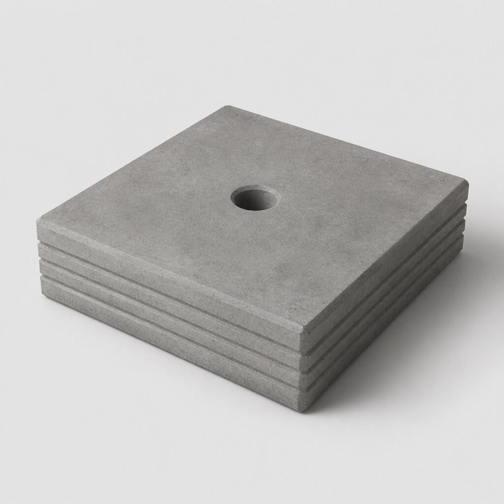 Élément de lestage carré en béton gris ciment sur fond gris clair
