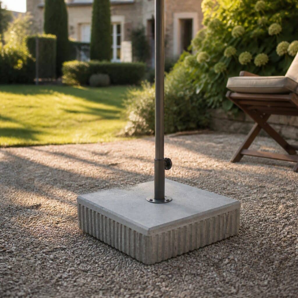 Élément de lestage posé sur une terrasse gravillonnée au pied d'un grand parasol