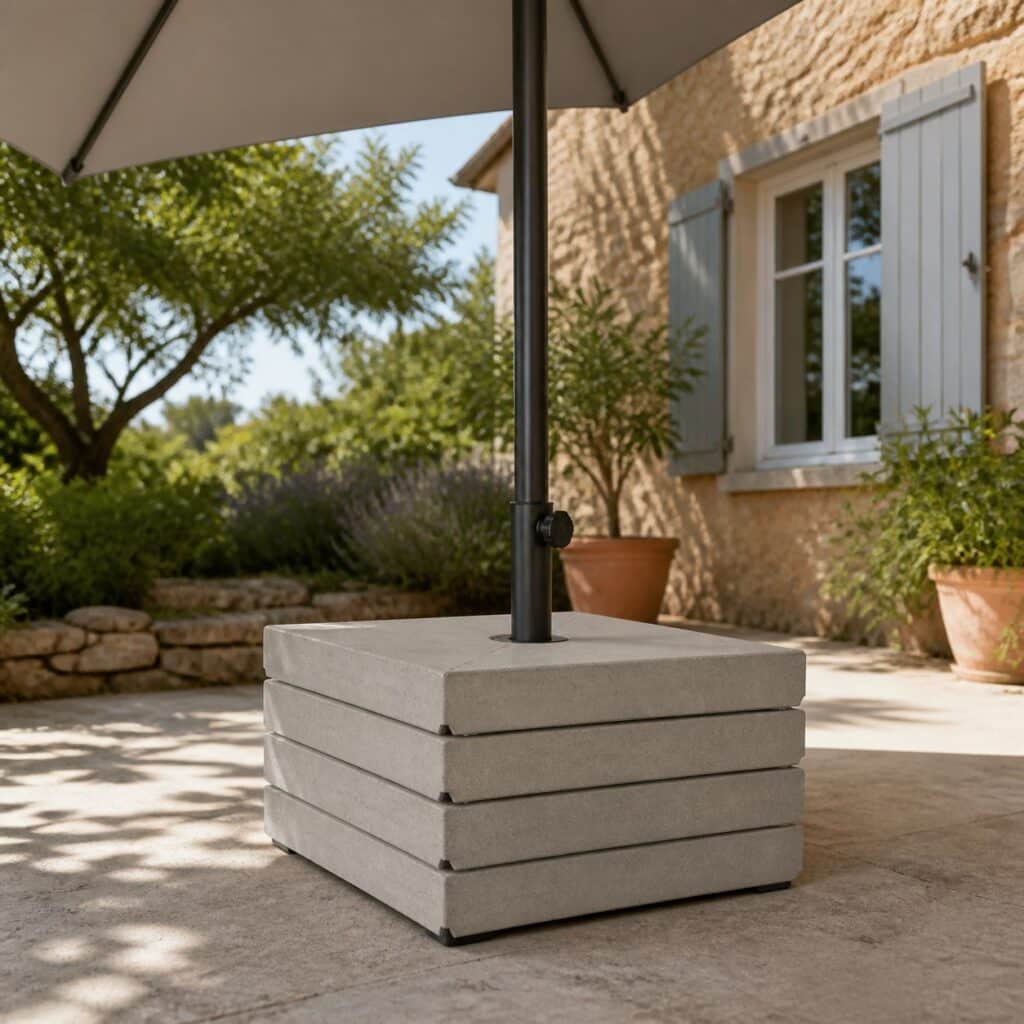 Pile de quatre éléments de lestage identiques sous un pied de parasol