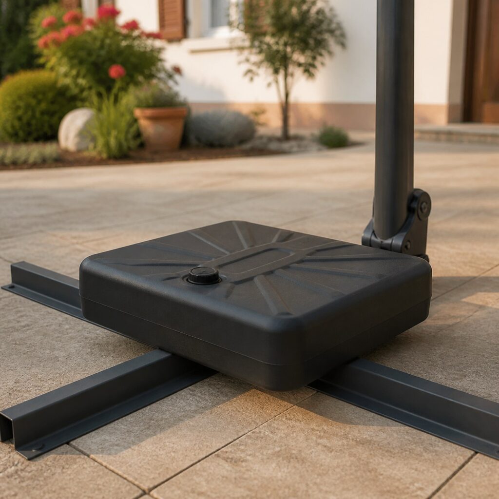 Dalle de lestage installée sur un socle en croix sur une terrasse en dalles béton