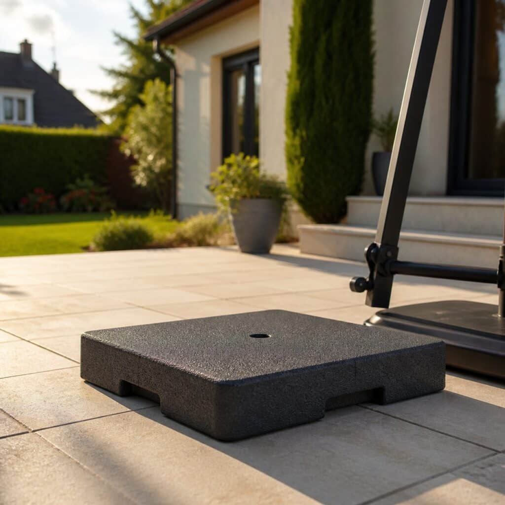 Dalle de lestage posée sur une terrasse en carreaux clairs