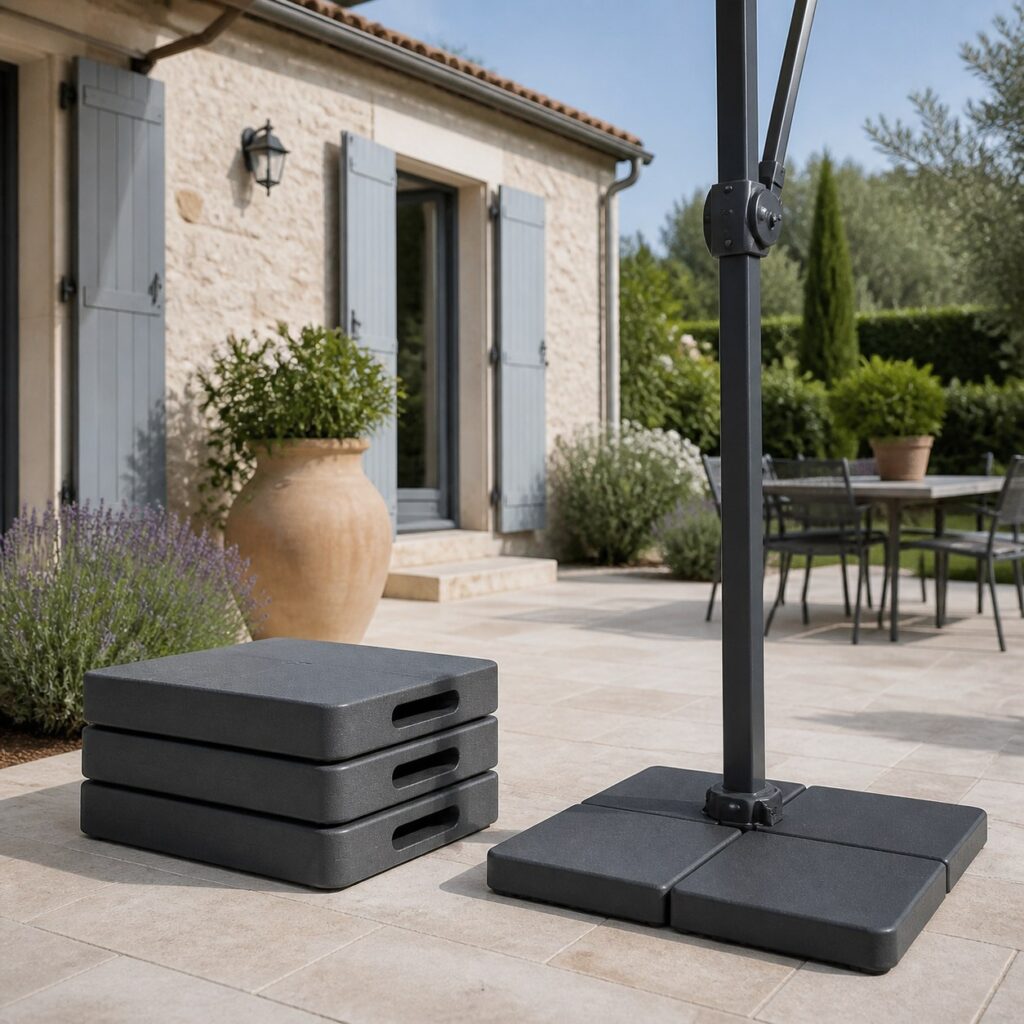 Trois dalles de lestage empilées à côté d'un pied de parasol déporté