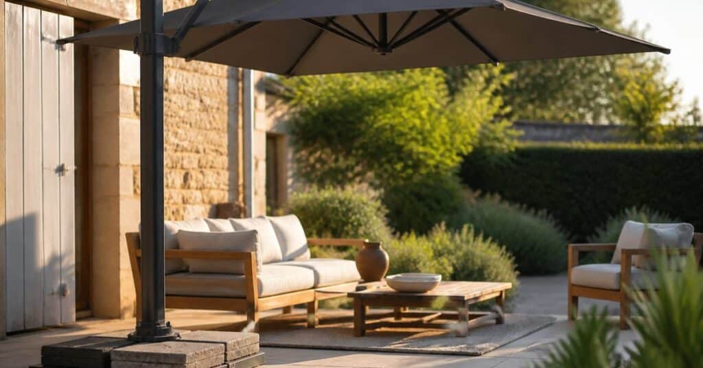 Parasol déporté ouvert sur une terrasse, avec sa base en croix chargée de dalles de lestage carrées empilées