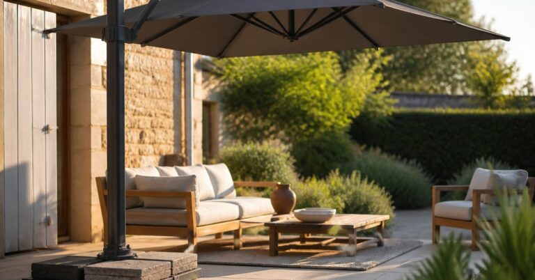 Parasol déporté ouvert sur une terrasse, avec sa base en croix chargée de dalles de lestage carrées empilées
