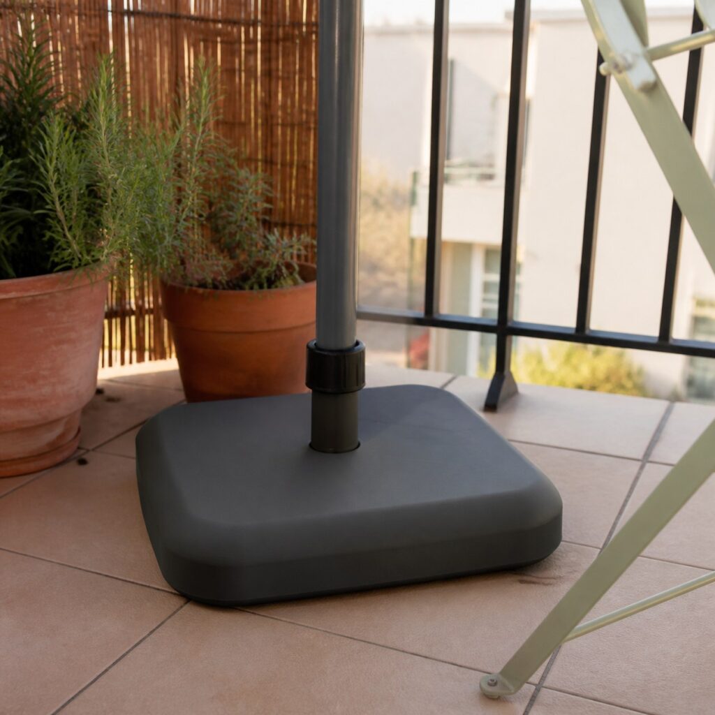 Élément de lestage posé sur le carrelage d'un petit balcon d'appartement