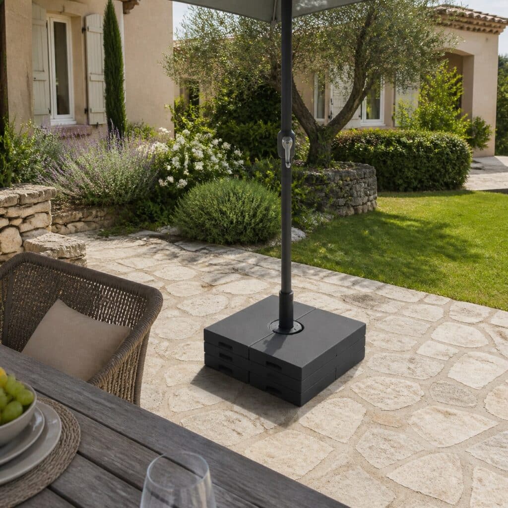 Deux dalles de lestage empilées sous un mât de parasol vues depuis une table de jardin