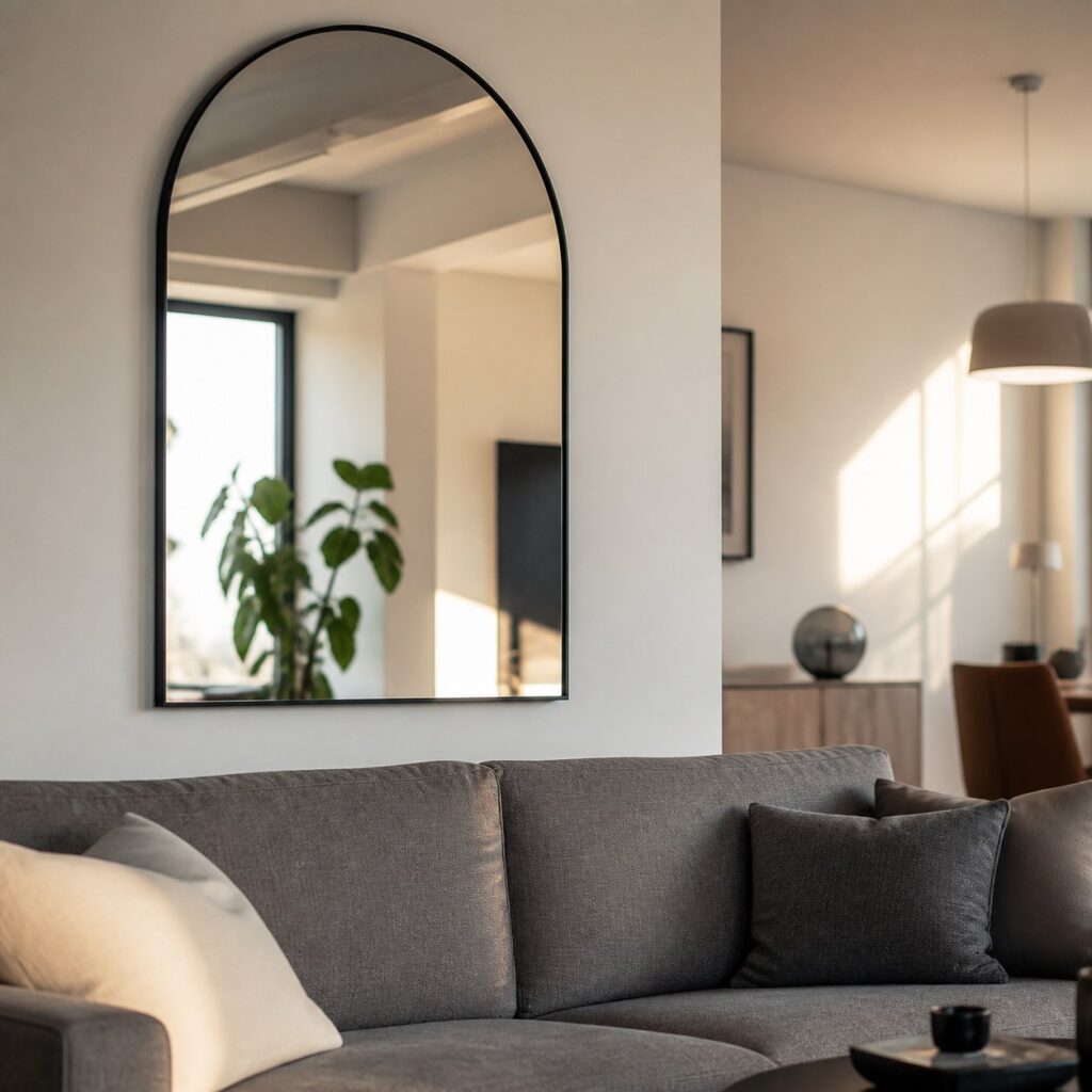Grand miroir en arche accroché derrière un canapé gris dans un séjour