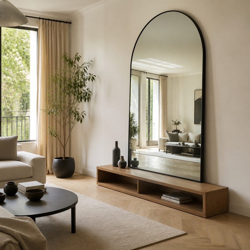 Grand miroir mural design vu depuis l'autre bout d'un séjour avec une console