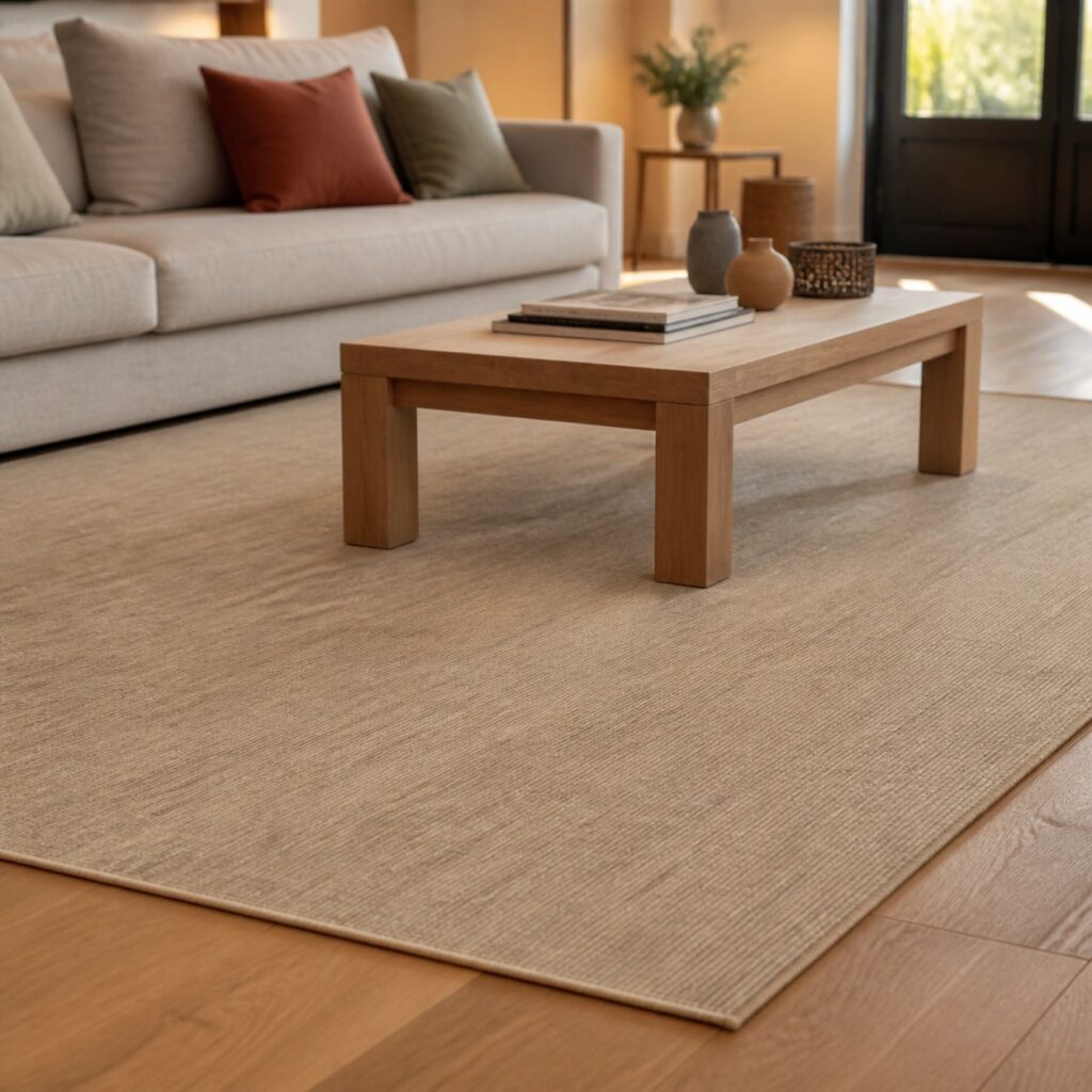 Grand tapis beige déroulé dans un séjour clair sous une table basse en bois
