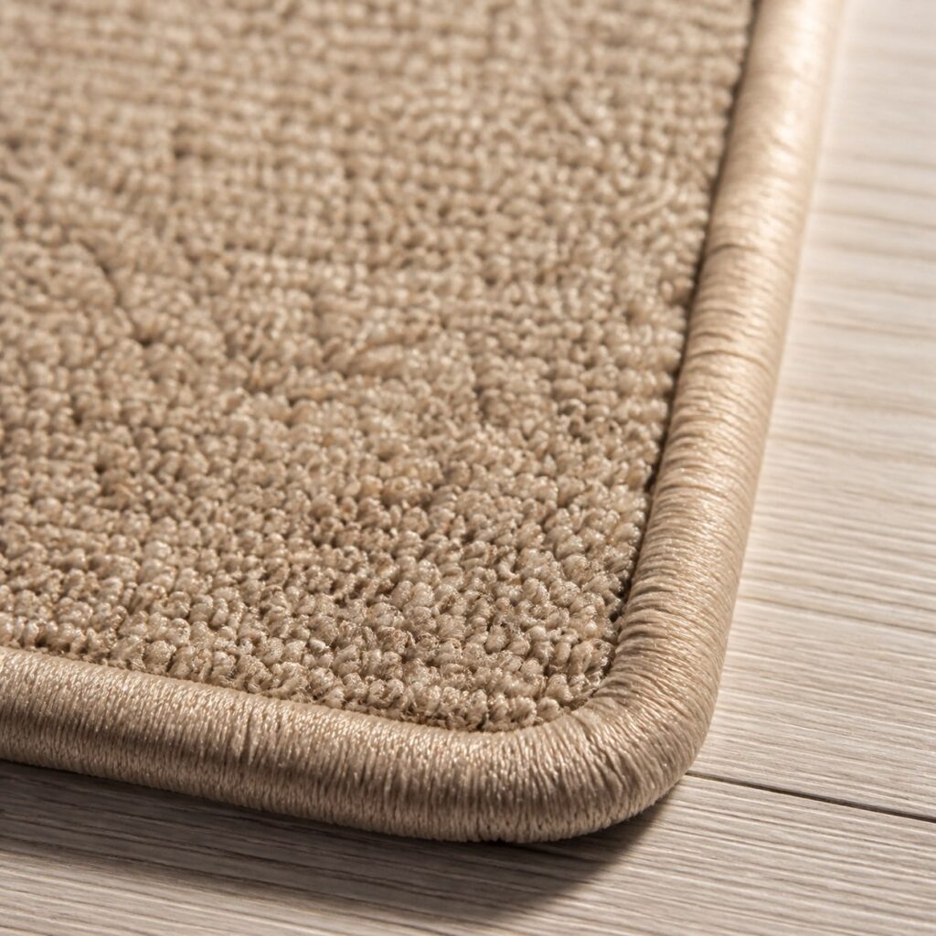 Gros plan sur l'angle et la bordure surfilée d'un grand tapis beige