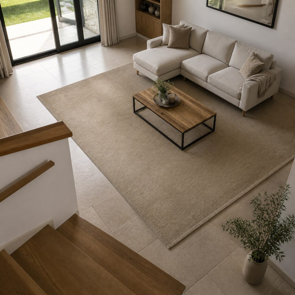Grand tapis beige vu en plongée, canapé et table basse posés dessus