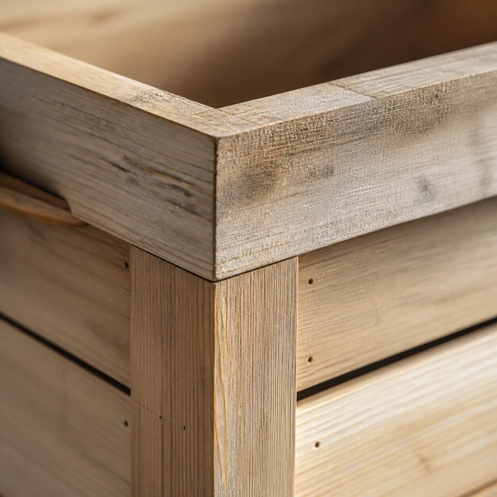 Gros plan sur le rebord supérieur épais et l'angle d'une grande caisse en bois