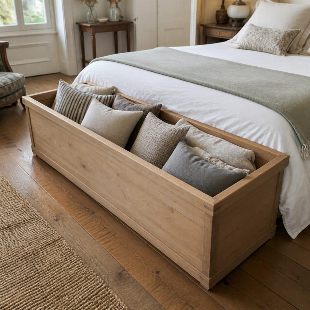 Grande caisse en bois en pied de lit remplie de plaids et de coussins